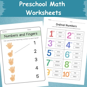 K&ouml;nnte beinhalten: Zwei Mathe-Arbeitsbl&auml;tter f&uuml;r die Vorschule mit dem Text "Preschool Math Worksheets". Ein Arbeitsblatt konzentriert sich auf das Zuordnen von Zahlen zu Fingern, das andere auf Ordinalzahlen. Entwickelt f&uuml;r die fr&uuml;hkindliche Bildung.