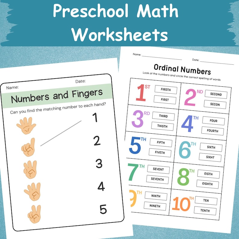 K&ouml;nnte beinhalten: Zwei Mathe-Arbeitsbl&auml;tter f&uuml;r die Vorschule mit dem Text "Preschool Math Worksheets". Ein Arbeitsblatt konzentriert sich auf das Zuordnen von Zahlen zu Fingern, das andere auf Ordinalzahlen. Entwickelt f&uuml;r die fr&uuml;hkindliche Bildung.