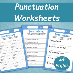 Puede incluir: Hojas de trabajo azules con ejercicios de puntuación. Las hojas de trabajo incluyen preguntas para completar y tareas de corrección de oraciones. El título "Punctuation Worksheets" se muestra en la parte superior, con 14 páginas.