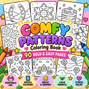 Pode incluir: Um livro de colorir Comfy Patterns com 90 páginas de traços ousados e simples, contendo ilustrações a preto e branco de ferradura, floco de neve, panquecas, donuts, flores, chupa-chupas e um serviço de chá, com ícones de PDF e digital.