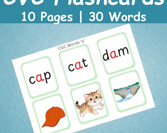 Tarjetas de vocabulario CVC / Tarjetas fonéticas imprimibles para jardín de infantes / Práctica de lectura para niños / Aprendizaje de vocales / Actividad de lectura / Descarga digital
