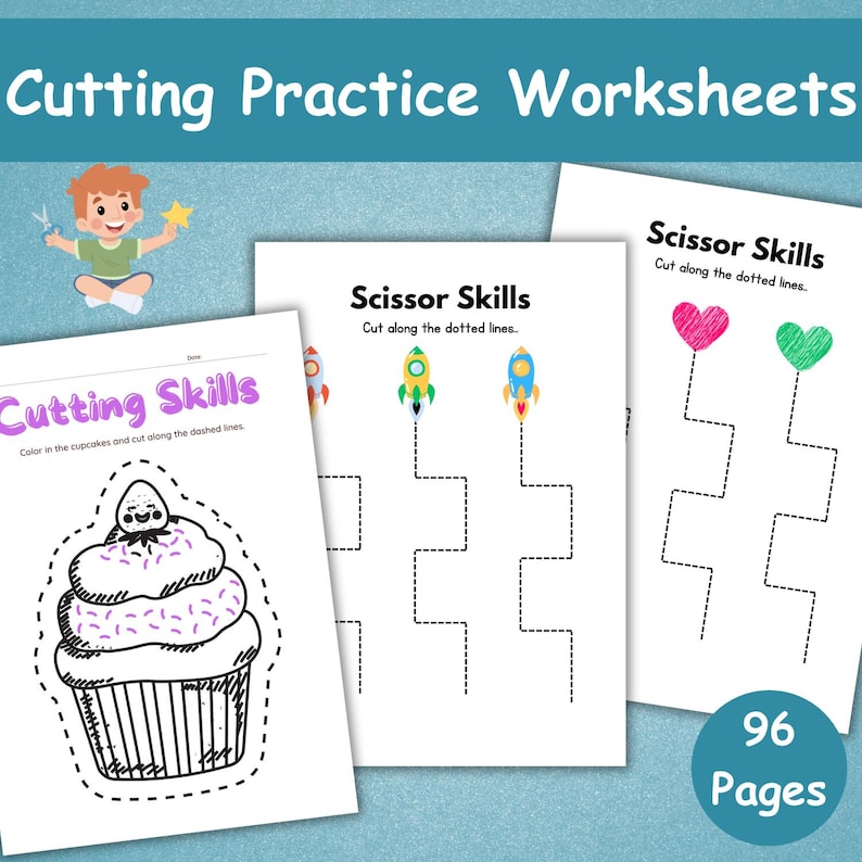 May include: A collection of children's cutting practice worksheets. The worksheets feature illustrations of cupcakes, rockets, and hearts with dotted lines for cutting practice. The text on the worksheets reads "Cutting Skills" and "Scissor Skills". The image also includes a cartoon boy with scissors and a star.