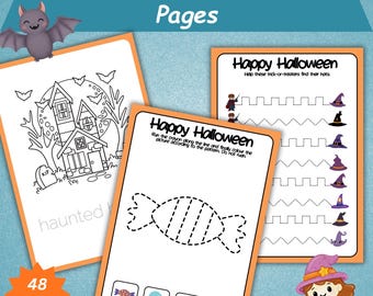 May include: Halloween-themed tracing and coloring pages. The pages feature illustrations of a haunted house, candy, and trick-or-treaters. The text on the pages includes "Happy Halloween" and instructions for tracing and coloring. The image also includes a bat and a witch.