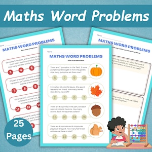 May include: A set of 25 pages of "Maths Word Problems" worksheets. The worksheets feature addition and subtraction problems with colorful illustrations of pumpkins, leaves, acorns, and squirrels. A child is shown using an abacus.