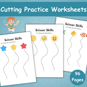 Könnte beinhalten: Drei weiße Seiten mit dem Text "Scissor Skills" und "Cut along the dotted lines" zeigen farbenfrohe Formen und lächelnde Sonnen mit gepunkteten Linien zum Üben des Schneidens. Das Bild enthält auch den Text "Cutting Practice Worksheets" und "96 Pages."