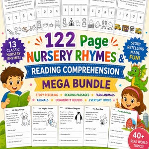Könnte beinhalten: Ein 122-seitiges Mega-Bundle für Kinderreime und Leseverständnis mit pädagogischen Arbeitsblättern, Texten und Illustrationen. Das Paket enthält Übungen zum Nacherzählen von Geschichten, Lesetexte, Tiere und Themen zu Berufen und Alltag.