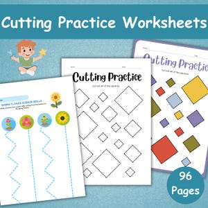 May include: Three white worksheets with the text "Cutting Practice" and "Cut out all of the squares". One worksheet has a spring flower scissor skills activity. The other worksheets have squares to cut out. The image also includes the text "96 Pages".
