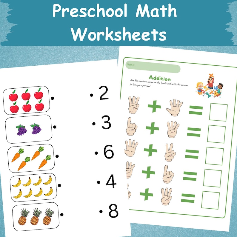 K&ouml;nnte beinhalten: Vorschul-Mathematik-Arbeitsbl&auml;tter mit farbenfrohen Illustrationen von &Auml;pfeln, Trauben, Karotten, Bananen und Ananas. Die Arbeitsbl&auml;tter enthalten Additionsaufgaben mit Handillustrationen und dem Text "Addition".