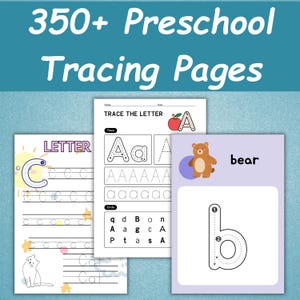 Peut inclure: Pages de traçage préscolaire avec le texte "350+ Preschool Tracing Pages". Les pages présentent des lettres, des mots et des illustrations, dont un ours, une pomme et un chat, conçues pour l'apprentissage précoce et la pratique de l'écriture.