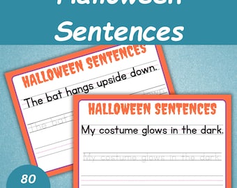 Puede incluir: Dos tarjetas con bordes naranjas con el texto "Halloween Sentences" y ejemplos de oraciones. Una tarjeta dice "The bat hangs upside down." La otra dice "My costume glows in the dark." La imagen también dice "80 Pages".