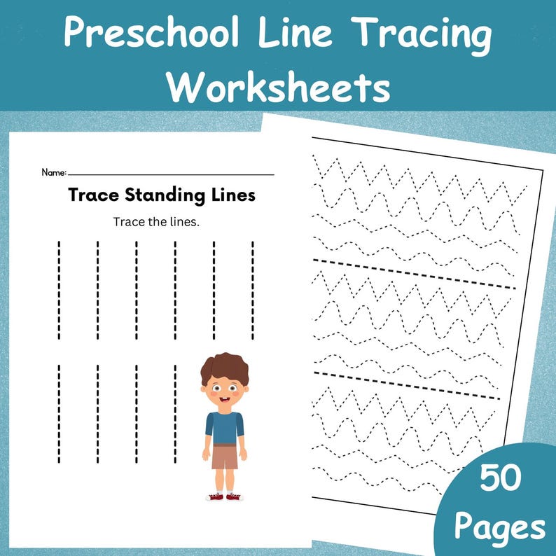 May include: Two white worksheets with line tracing exercises for preschoolers. One sheet has dotted vertical lines and the text "Trace Standing Lines". The other sheet has zig-zag and wavy lines. The image also includes a cartoon boy and the text "50 Pages".