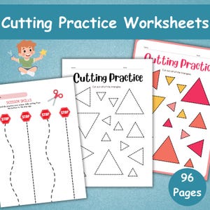 May include: A collection of "Cutting Practice Worksheets" for kids. The worksheets feature scissor skills practice with dotted lines and stop signs, and triangle cutting exercises. The image includes a cartoon illustration of a child with scissors and a star, and the text "96 Pages".