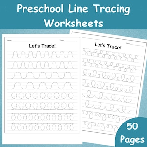 May include: Two white worksheets with dotted lines for tracing, designed for preschool line tracing practice. The worksheets feature the text "Let's Trace!" and include various line patterns. A blue circle with the text "50 Pages" is in the bottom right corner.