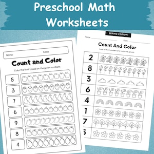 K&ouml;nnte beinhalten: Zwei schwarz-wei&szlig;e Vorschul-Mathematik-Arbeitsbl&auml;tter mit dem Text "Preschool Math Worksheets" oben. Ein Arbeitsblatt tr&auml;gt den Titel "Count and Color" und zeigt Obst. Das andere Arbeitsblatt tr&auml;gt ebenfalls den Titel "Count and Color" und zeigt Fr&uuml;hlingsmotive.