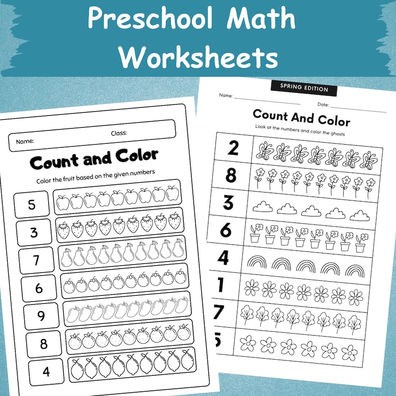 K&ouml;nnte beinhalten: Zwei schwarz-wei&szlig;e Vorschul-Mathematik-Arbeitsbl&auml;tter mit dem Text "Preschool Math Worksheets" oben. Ein Arbeitsblatt tr&auml;gt den Titel "Count and Color" und zeigt Obst. Das andere Arbeitsblatt tr&auml;gt ebenfalls den Titel "Count and Color" und zeigt Fr&uuml;hlingsmotive.