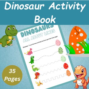 Może przedstawiać: Książka z zadaniami o dinozaurach z tytułem "Dinosaur Activity Book" na niebieskim tle. Zawiera ilustracje dinozaur&oacute;w i tekst "DINOSAURS ALL ABOUT LINES". Książka ma 35 stron.