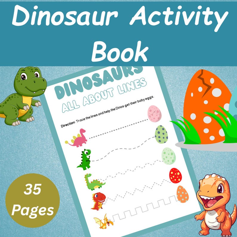Może przedstawiać: Książka z zadaniami o dinozaurach z tytułem "Dinosaur Activity Book" na niebieskim tle. Zawiera ilustracje dinozaur&oacute;w i tekst "DINOSAURS ALL ABOUT LINES". Książka ma 35 stron.