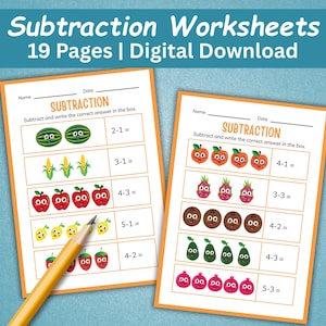 May include: Two subtraction worksheets with colorful fruit illustrations and math problems. The worksheets are titled "Subtraction" and include the text "19 Pages | Digital Download". A yellow pencil rests on the worksheets.