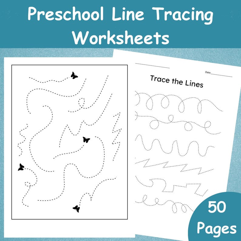 May include: Preschool line tracing worksheets with dotted lines and butterfly illustrations. The worksheets include various line patterns for tracing practice. The text "Trace the Lines" is visible on one page. The image also includes the text "50 Pages".