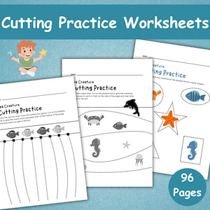 May include: A stack of white "Cutting Practice Worksheets" for children. The worksheets feature sea creatures like fish, starfish, and seahorses, with dotted lines for cutting practice. A cartoon boy is shown cutting a star. The image also shows "96 Pages".