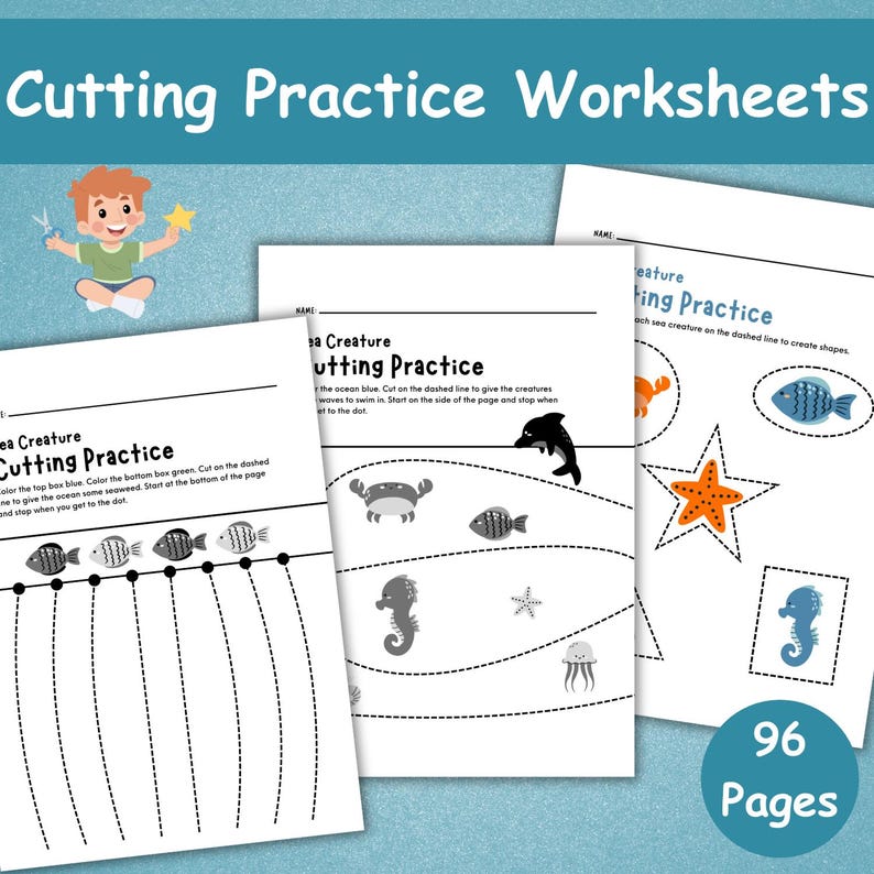 May include: A stack of white "Cutting Practice Worksheets" for children. The worksheets feature sea creatures like fish, starfish, and seahorses, with dotted lines for cutting practice. A cartoon boy is shown cutting a star. The image also shows "96 Pages".