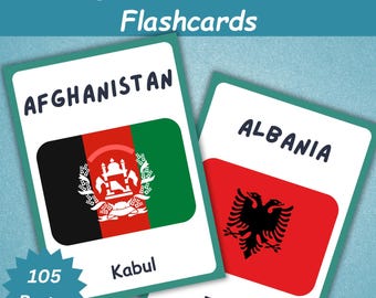 Tarjetas didácticas de 105 banderas del mundo / Banderas del mundo imprimibles / Tarjetas didácticas de banderas de países para niños / Aprendizaje en casa / Descarga instantánea /