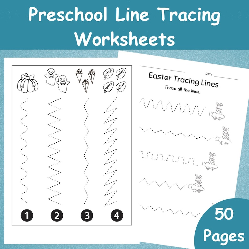 May include: White preschool line tracing worksheets with various dotted lines for tracing practice. Includes images of a pumpkin, ghosts, ice cream cones, and leaves. The text reads "Preschool Line Tracing Worksheets" and "Easter Tracing Lines". The worksheets have 50 pages.