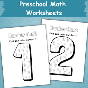 K&ouml;nnte beinhalten: Zwei wei&szlig;e Arbeitsbl&auml;tter mit dem Text "Preschool Math Worksheets" und "Number Hunt". Ein Arbeitsblatt zeigt die Zahl 1 mit kleineren Zahlen darin. Das andere zeigt die Zahl 2.