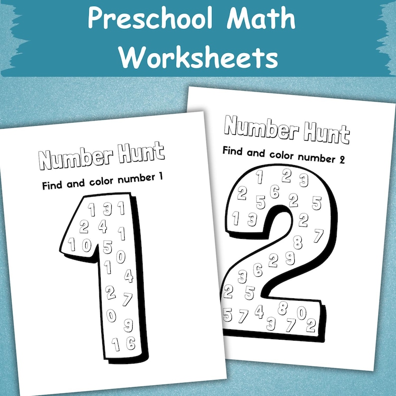 K&ouml;nnte beinhalten: Zwei wei&szlig;e Arbeitsbl&auml;tter mit dem Text "Preschool Math Worksheets" und "Number Hunt". Ein Arbeitsblatt zeigt die Zahl 1 mit kleineren Zahlen darin. Das andere zeigt die Zahl 2.