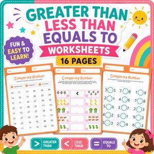 Può includere: Schede didattiche di matematica intitolate Greater Than Less Than Equals To Worksheets con 16 pagine. Le pagine presentano esercizi di confronto numerico con elenchi, conteggio di oggetti e simboli, decorate con un sole e un arcobaleno.