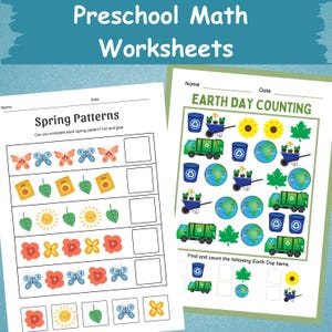 K&ouml;nnte beinhalten: Zwei Mathe-Arbeitsbl&auml;tter f&uuml;r Vorschulkinder mit dem Text "Preschool Math Worksheets". Ein Arbeitsblatt tr&auml;gt den Titel "Spring Patterns" und zeigt Schmetterlinge, Bl&auml;tter und Blumen. Das andere ist "Earth Day Counting" mit Illustrationen zum Thema Earth Day.