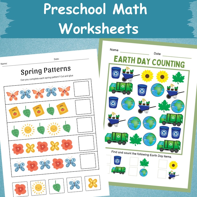 K&ouml;nnte beinhalten: Zwei Mathe-Arbeitsbl&auml;tter f&uuml;r Vorschulkinder mit dem Text "Preschool Math Worksheets". Ein Arbeitsblatt tr&auml;gt den Titel "Spring Patterns" und zeigt Schmetterlinge, Bl&auml;tter und Blumen. Das andere ist "Earth Day Counting" mit Illustrationen zum Thema Earth Day.