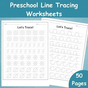 May include: Two white preschool line tracing worksheets with the text "Let's Trace!" and various shapes and lines for tracing. The worksheets are designed for early childhood education and feature dotted lines for tracing practice. The image also includes the text "Preschool Line Tracing Worksheets" and "50 Pages".
