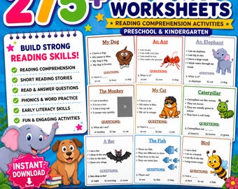 Reading Worksheets printable | 275+ Pages Reading Activity | Reading Comprehension For Kindergarten, Preschool | Instant Download PDF