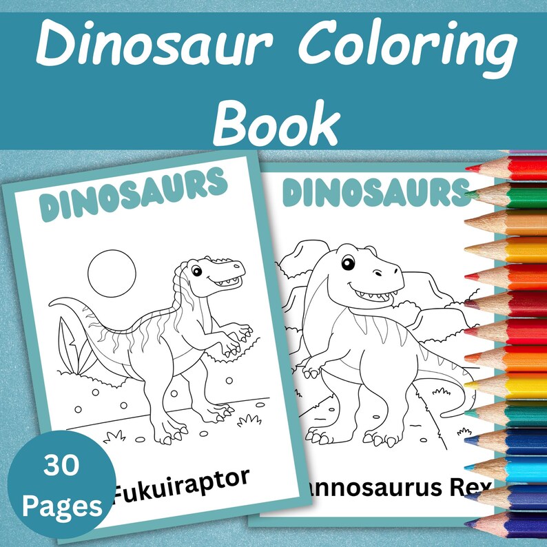 May include: Two dinosaur coloring books with the text "Dinosaur Coloring Book" at the top. The books feature line drawings of dinosaurs, with the word "DINOSAURS" at the top of each page. A set of colored pencils is on the right.