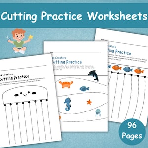 May include: Cutting practice worksheets featuring sea creatures. The worksheets include illustrations of a jellyfish, crab, seahorse, fish, starfish, and a dolphin. The text on the worksheets reads "Cutting Practice". The image also includes the text "96 Pages".