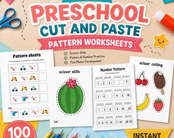 100 Preschool Cut and Paste Pattern Worksheets | Scissor Skills Cutting Practice | Number Patterns | Montessori Homeschool Printable