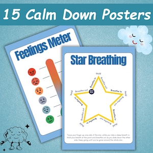 Könnte beinhalten: Zwei Lehrplakate mit dem Text "15 Calm Down Posters". Eines ist ein "Feelings Meter" mit einer Reihe von Emotionen. Das andere ist ein "Star Breathing"-Leitfaden mit Anweisungen für tiefe Atemübungen.