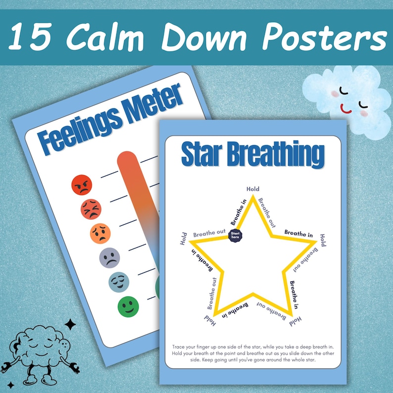 K&ouml;nnte beinhalten: Zwei Lehrplakate mit dem Text "15 Calm Down Posters". Eines ist ein "Feelings Meter" mit einer Reihe von Emotionen. Das andere ist ein "Star Breathing"-Leitfaden mit Anweisungen f&uuml;r tiefe Atem&uuml;bungen.