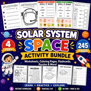 Puede incluir: Un paquete educativo digital titulado Solar System Space Activity Bundle que incluye 245 páginas de hojas de trabajo, páginas para colorear, tarjetas didácticas y rompecabezas. El diseño incluye ilustraciones de un astronauta, un cohete y planetas.