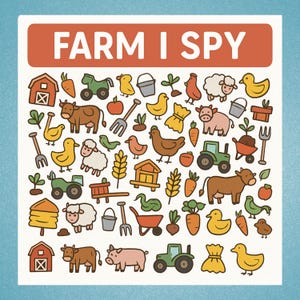 以下が含まれることがあります： 水色の縁取りのある正方形のイラストで、「FARM I SPY」の文字と、赤い納屋、トラクター、牛、豚、鶏、アヒル、ニンジンなど、さまざまな漫画の農場要素が描かれています。