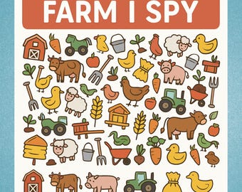 May include: A square illustration with a light blue border features the text "FARM I SPY" above various cartoon farm elements. These include a red barn, tractors, cows, pigs, chickens, ducks, and carrots.
