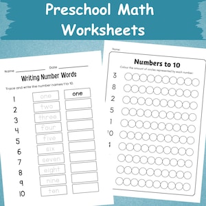 K&ouml;nnte beinhalten: Zwei wei&szlig;e Vorschul-Mathematik-Arbeitsbl&auml;tter mit dem Text "Preschool Math Worksheets" oben. Ein Arbeitsblatt dient zum Schreiben von Zahlenw&ouml;rtern, das andere zum Ausmalen von Kreisen, die zu Zahlen passen. Die Arbeitsbl&auml;tter sind auf blauem Hintergrund.