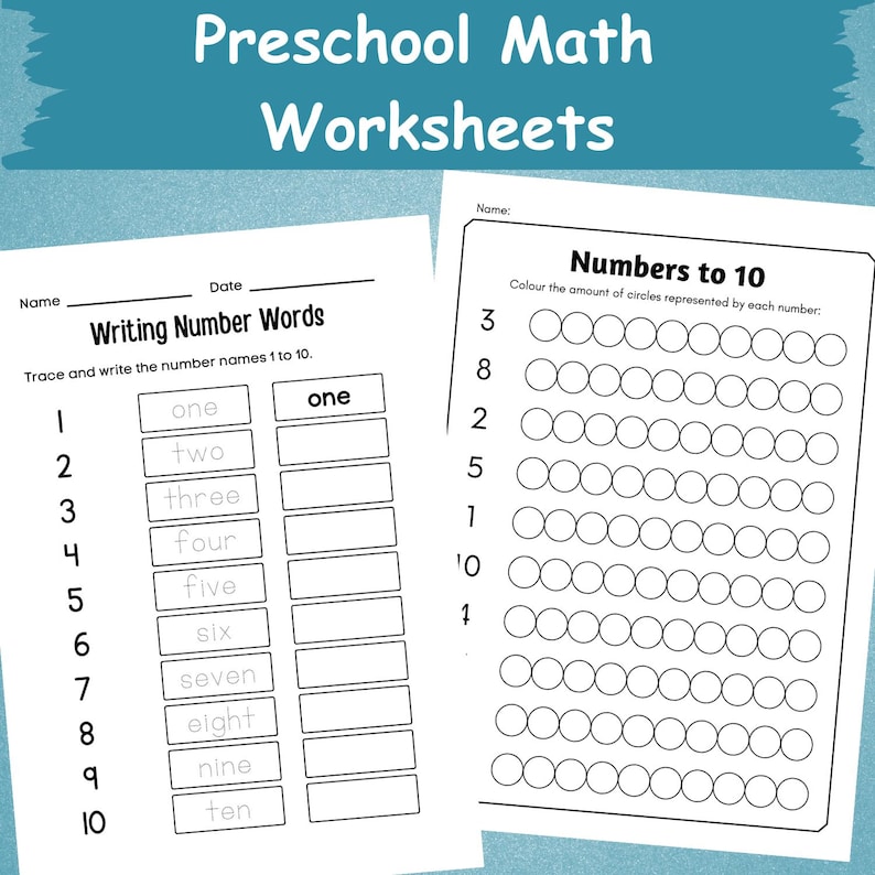 K&ouml;nnte beinhalten: Zwei wei&szlig;e Vorschul-Mathematik-Arbeitsbl&auml;tter mit dem Text "Preschool Math Worksheets" oben. Ein Arbeitsblatt dient zum Schreiben von Zahlenw&ouml;rtern, das andere zum Ausmalen von Kreisen, die zu Zahlen passen. Die Arbeitsbl&auml;tter sind auf blauem Hintergrund.