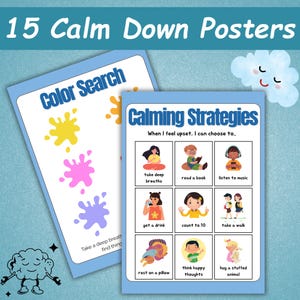 K&ouml;nnte beinhalten: Zwei Lehrplakate mit hellblauem Rand. Eines zeigt "Color Search" mit bunten Farbspritzern. Das andere zeigt "Calming Strategies" mit Illustrationen beruhigender Aktivit&auml;ten. Der obere Text lautet "15 Calm Down Posters".