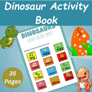 Może przedstawiać: Książka z ćwiczeniami dla dzieci zatytułowana "Dinosaur Activity Book" z tekstem "Dinosaurs Odd One Out". Książka zawiera kolorowe ilustracje dinozaur&oacute;w, jaj i powiązanych obraz&oacute;w. Książka ma 35 stron.