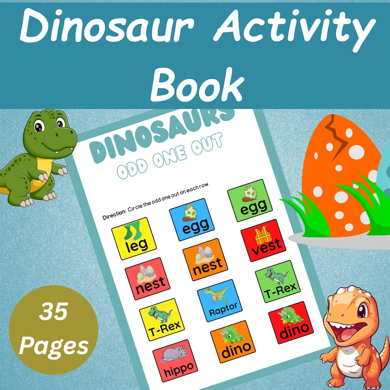 Może przedstawiać: Książka z ćwiczeniami dla dzieci zatytułowana "Dinosaur Activity Book" z tekstem "Dinosaurs Odd One Out". Książka zawiera kolorowe ilustracje dinozaur&oacute;w, jaj i powiązanych obraz&oacute;w. Książka ma 35 stron.