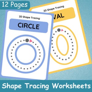 May include: Two printable worksheets for tracing shapes. The first worksheet shows a blue circle with dotted lines for tracing. The second worksheet shows a yellow oval with dotted lines for tracing. Both worksheets have the text "2D Shape Tracing" at the top.
