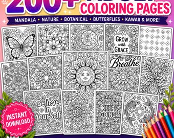 Adult Coloring Pages Printable | 200+ Coloring Worksheets For Adults | Adult Stress Relief Coloring Book | Instant Download