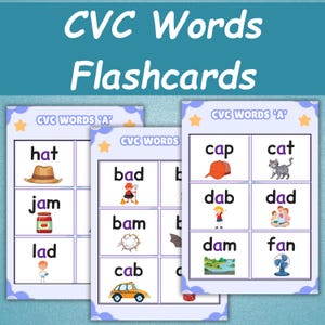 May include: Educational flashcards for CVC words. The cards feature words like "hat," "cap," and "cat," each paired with a corresponding illustration. The cards are designed with a white background and a purple border, with the text "CVC Words Flashcards" at the top.